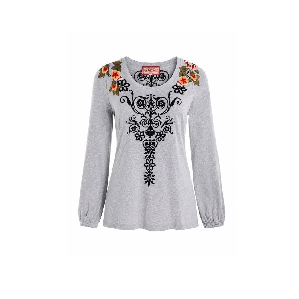 Vintage JWLA Johnny Was Made With Love Embroidered Gray Cotton Boho Fall Top Y2K